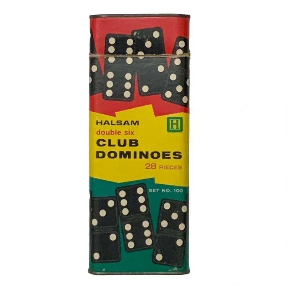 Vintage Haslam 1960’s Wood Dominos 28 Pc Original Cardboard Metal Box Set No 100